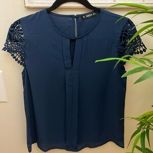 SHEIN Women's Navy Blue Lace Sleeve Top, Size S